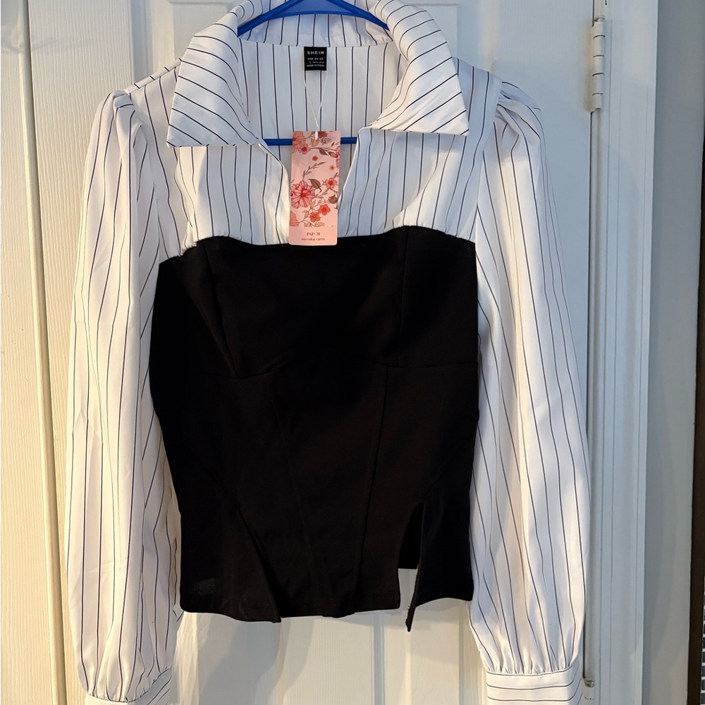 SHEIN Black and White Bustier Blouse with Notched Collar